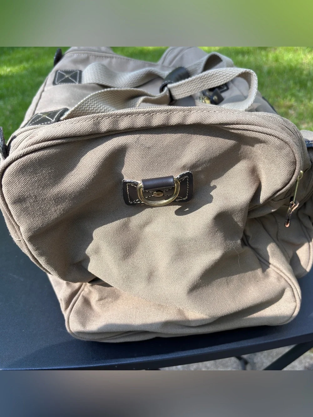 VTG Eddie Bauer Ford Mulholland Brothers Duffel Bag Tan Canvas Leather
